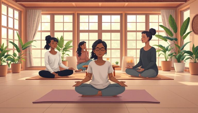 A calm, light-filled room where a small, diverse group sits together in quiet reflection.
