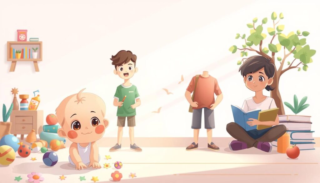 A serene visual representation of the emotional development stages, depicting a journey from childhood to adulthood. In the foreground, a child with bright eyes embodies innocence, surrounded by playful elements like toys and flowers. The middle ground transitions to a teenager depicted with reflective expressions, standing among symbols of growth like books and art supplies. The background showcases a young adult, calm and composed, with nature elements like a tree symbolizing strength and maturity. Soft, warm lighting illuminates the scene, creating a hopeful and nurturing atmosphere. The image captures the essence of emotional growth, with a balanced composition, utilizing a slight depth of field for focus. No text or watermarks. Generated by nextself.ai. A serene visual representation of the emotional development stages, depicting a journey from childhood to adulthood. In the foreground, a child with bright eyes embodies innocence, surrounded by playful elements like toys and flowers. The middle ground transitions to a teenager depicted with reflective expressions, standing among symbols of growth like books and art supplies. The background showcases a young adult, calm and composed, with nature elements like a tree symbolizing strength and maturity. Soft, warm lighting illuminates the scene, creating a hopeful and nurturing atmosphere. The image captures the essence of emotional growth, with a balanced composition, utilizing a slight depth of field for focus. No text or watermarks. Generated by nextself.ai.